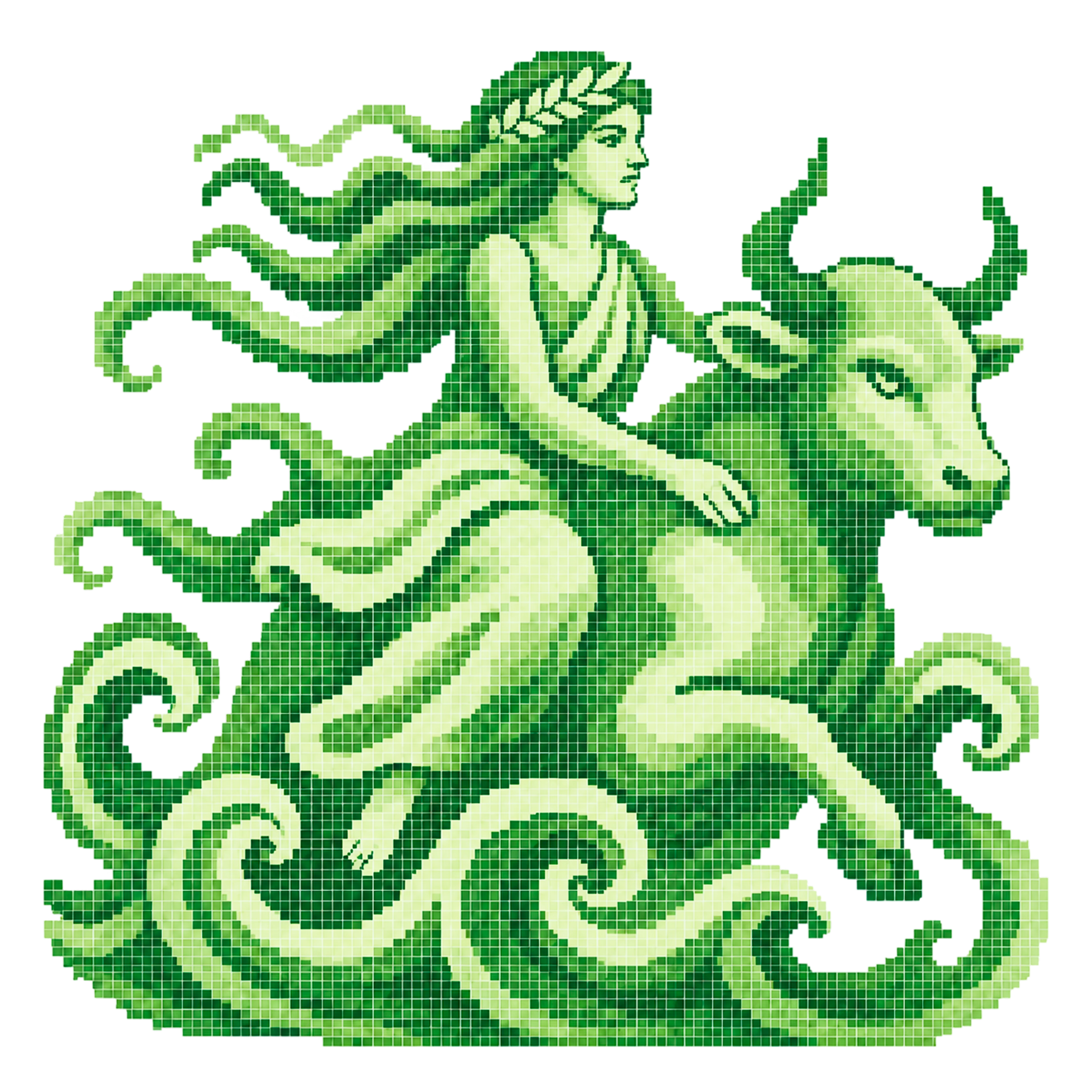 A green mosaic of Europa riding the bull, the classical motif on the two-euro coin.