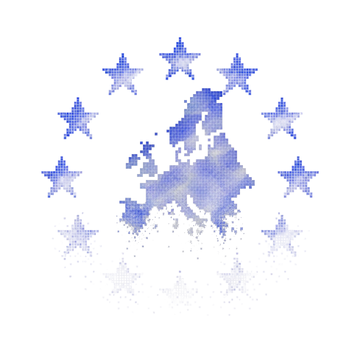 The twelve EU stars dissolving into pixel dust, framing a mosaic of a crumbling map of Europe at the centre.