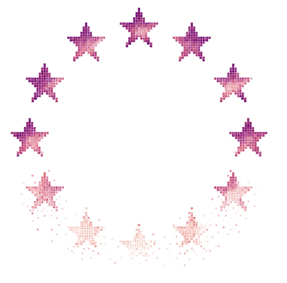 The twelve EU stars, half dissolving into pixel dust, recoloured red.